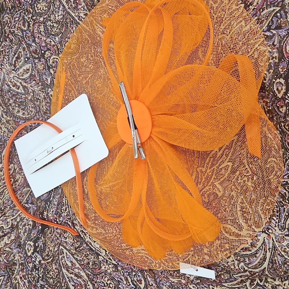 NWT ORANGE FASCINATOR Hat Headband Clip Derby Church Tea Hair Accessory - Picture 5 of 8